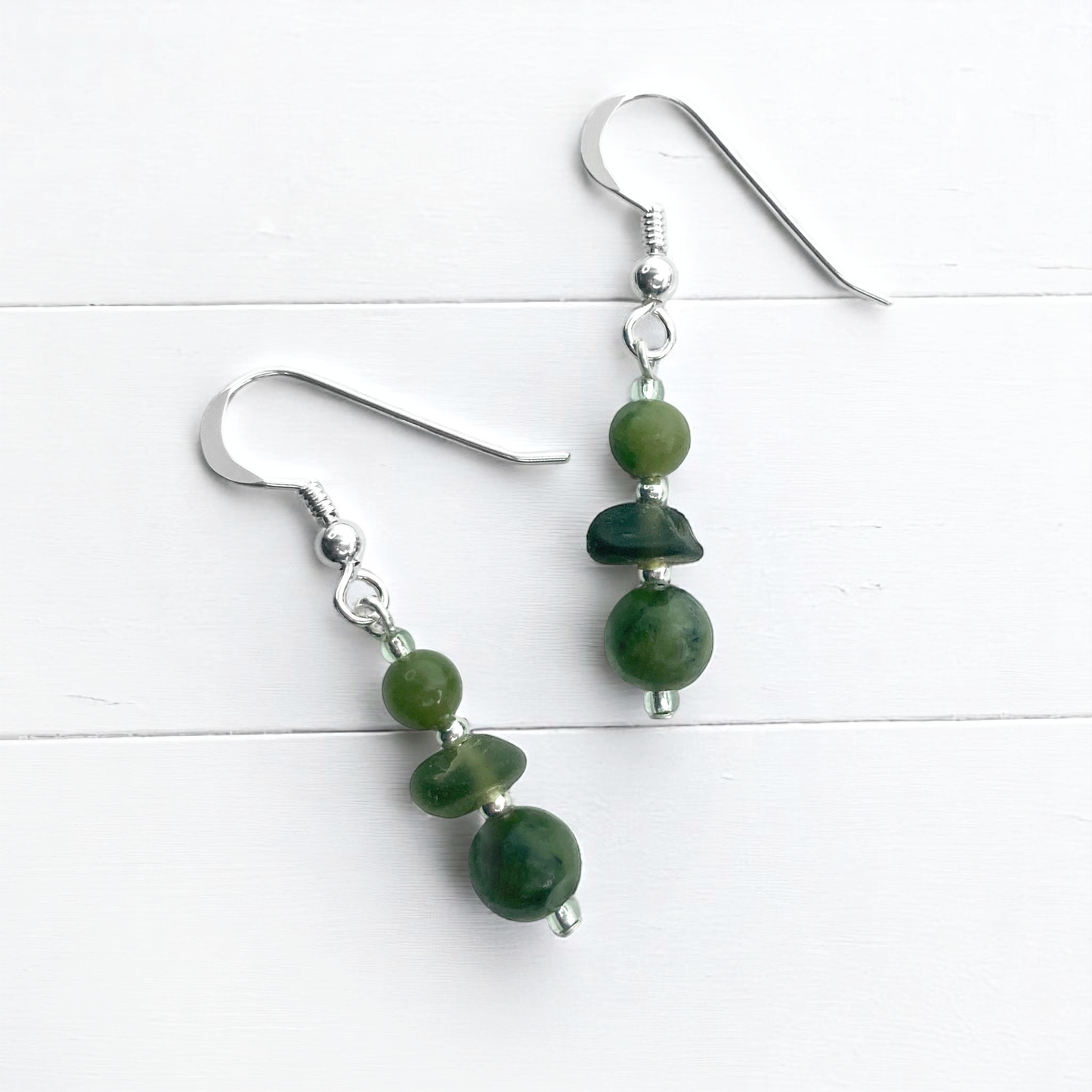 Green Sea Glass Earrings - Sterling Silver Beaded Earrings with Jade Crystal