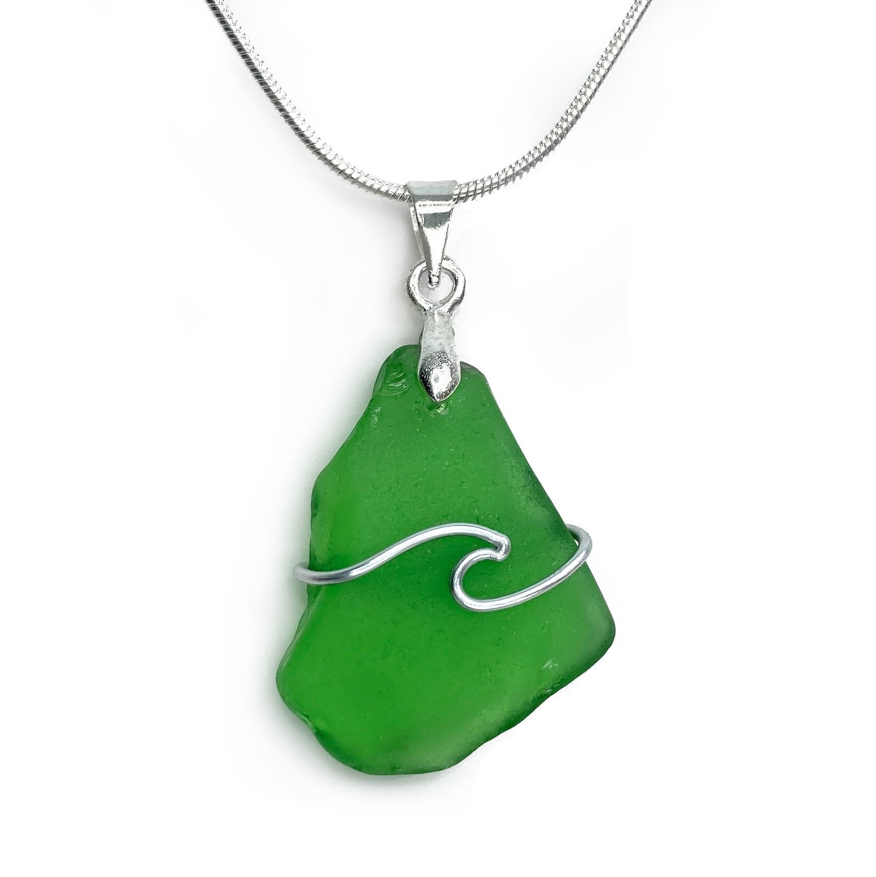 Sea Glass Pendant Emerald Green Wire Wrapped Wave Necklace Scottis