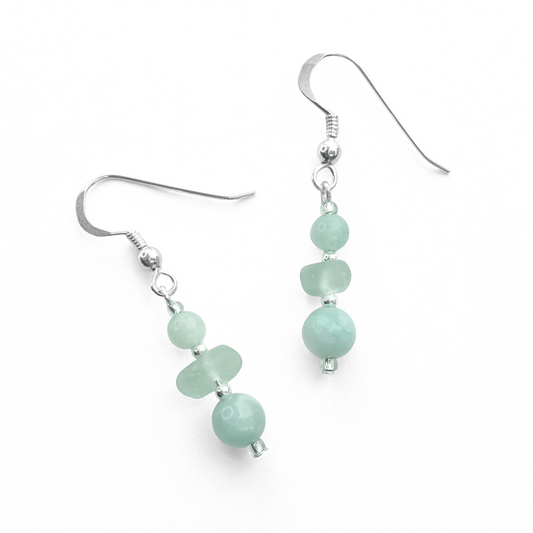 Sea Glass Earrings - Beaded - Green Amazonite Crystal