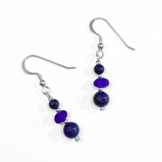 Sea Glass Earrings - Beaded - Blue Lapis Lazuli Crystal