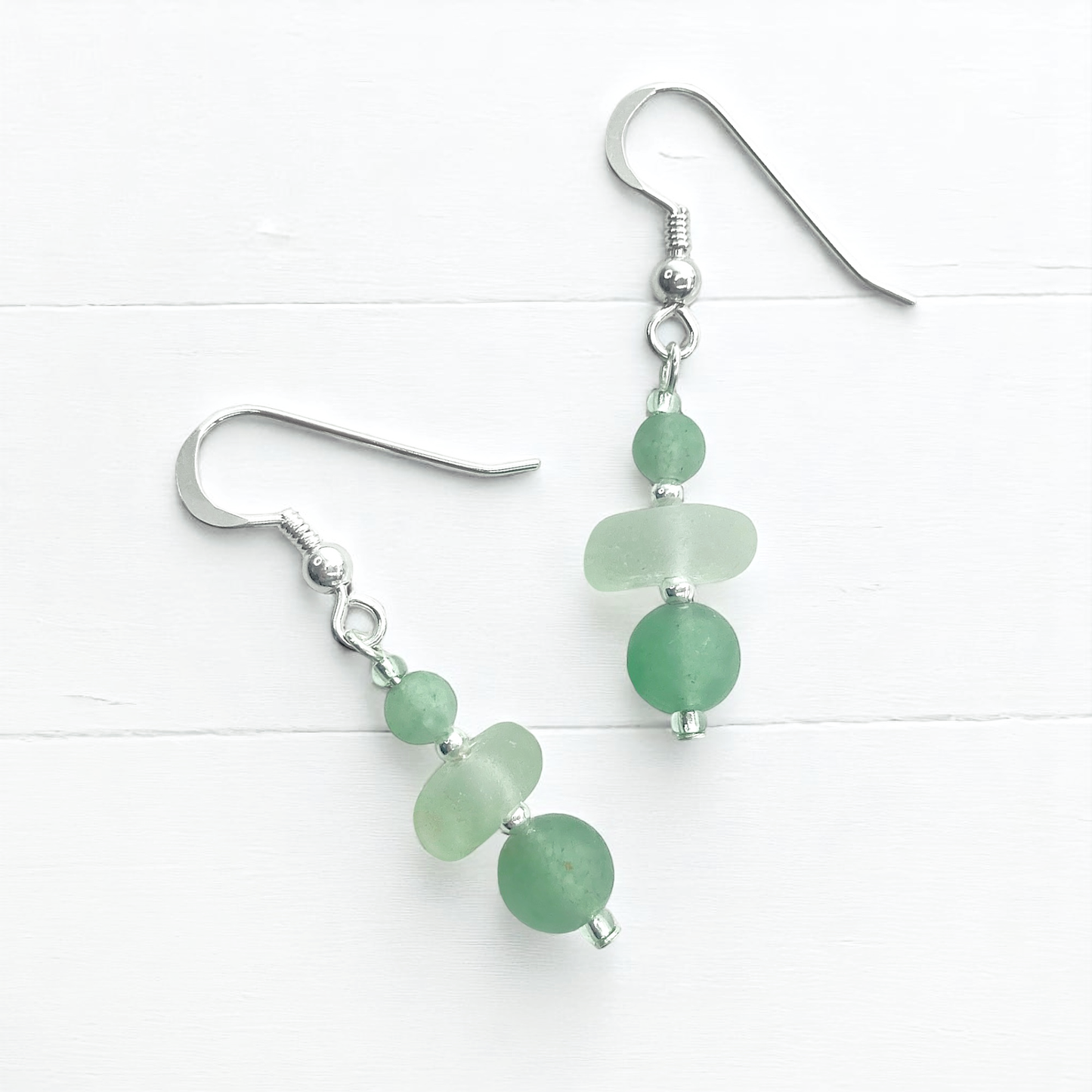Green Sea Glass Earrings - Sterling Silver Beaded Earrings with Aventurine Crystal