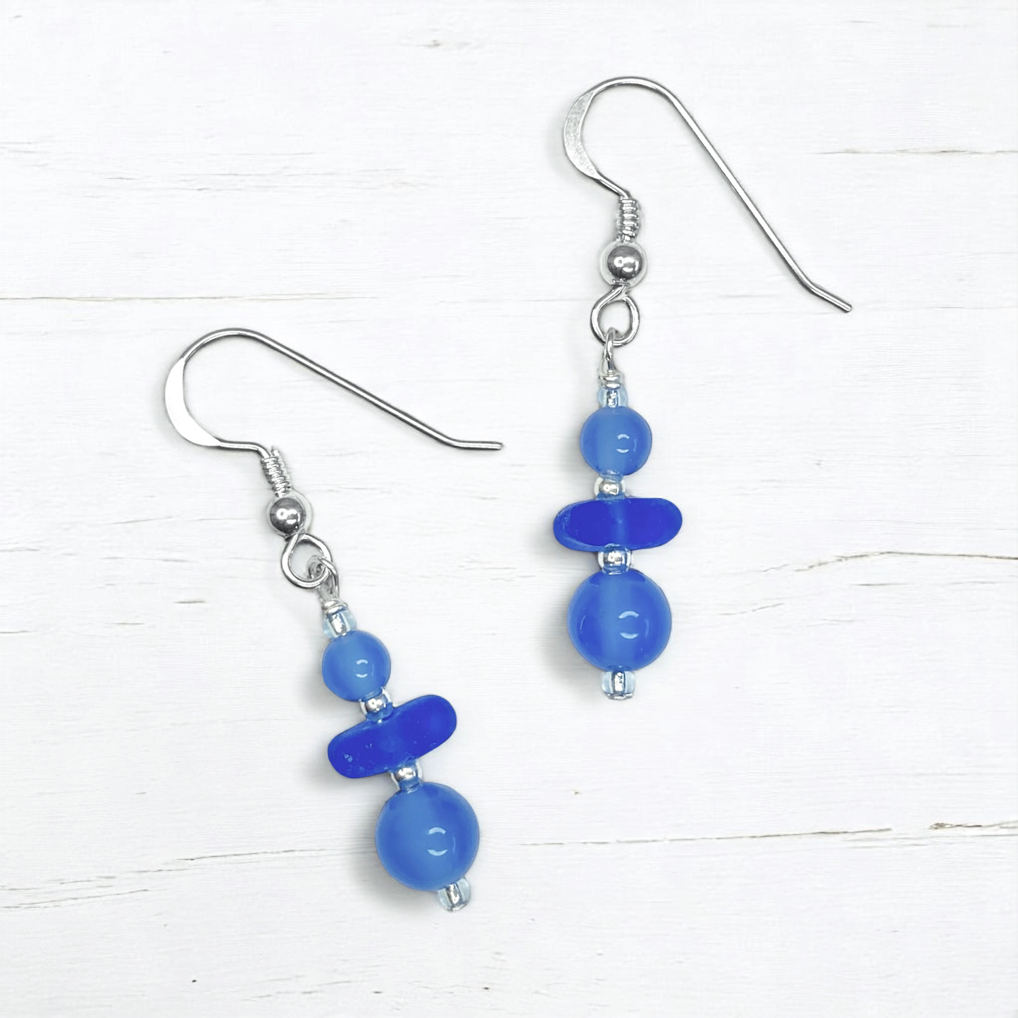 Blue Sea Glass Earrings - Sterling Silver Beaded Earrings with Blue Onyx Crystal