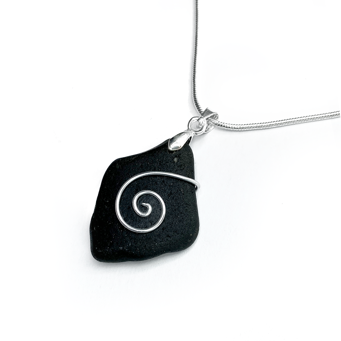 Sea Glass Necklace - Black Celtic Wire Wrapped Pendant - Scottish Silver Jewellery