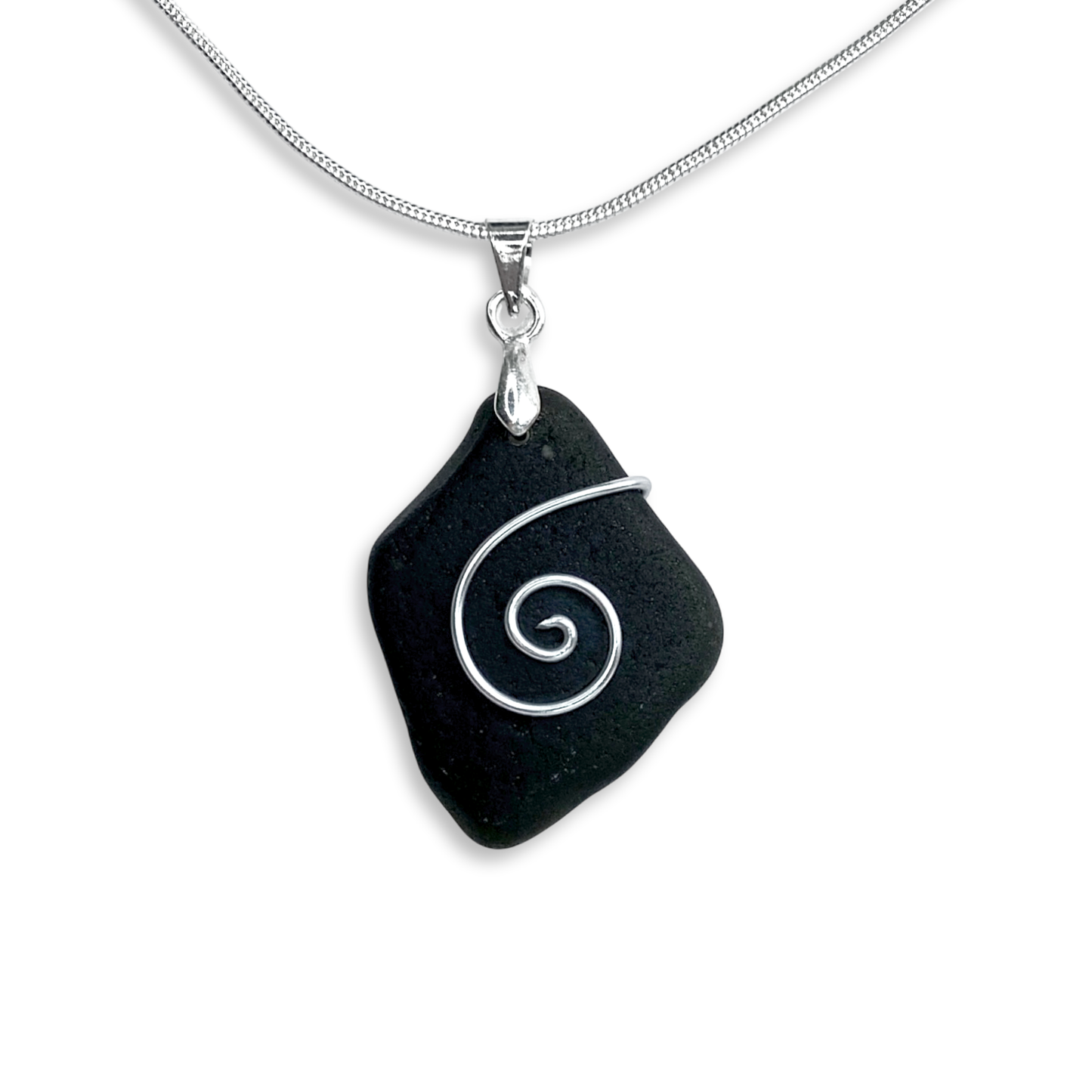 Sea Glass Necklace - Black Celtic Wire Wrapped Pendant - Scottish Silver Jewellery