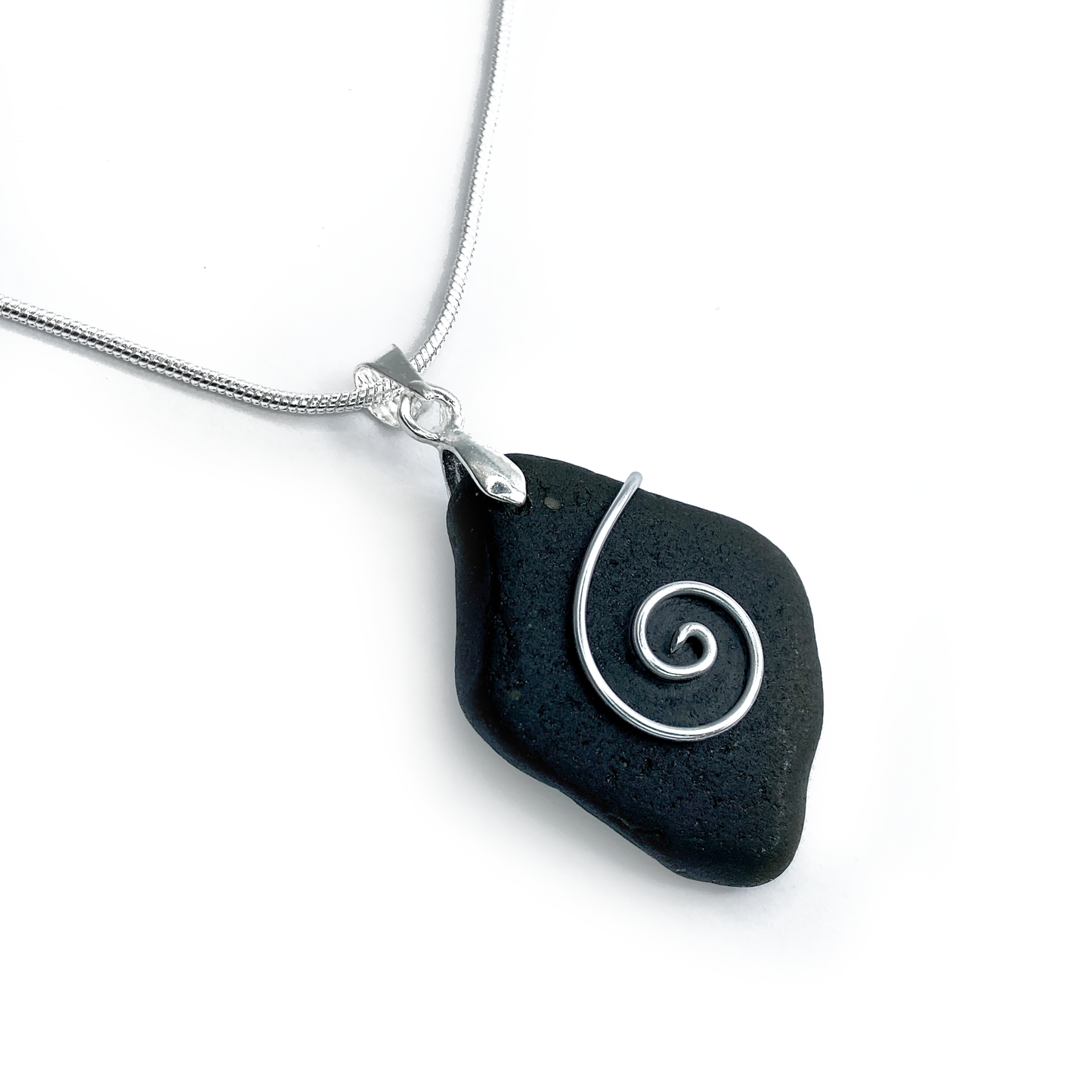 Sea Glass Necklace - Black Celtic Wire Wrapped Pendant - Scottish Silver Jewellery