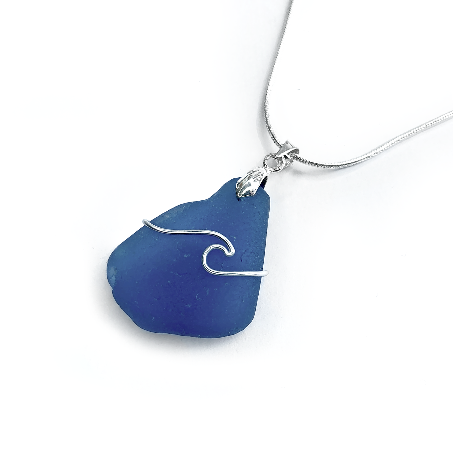 Sea Glass Necklace - Pale Blue Wave Wire Wrapped Pendant - Scottish Silver Jewellery