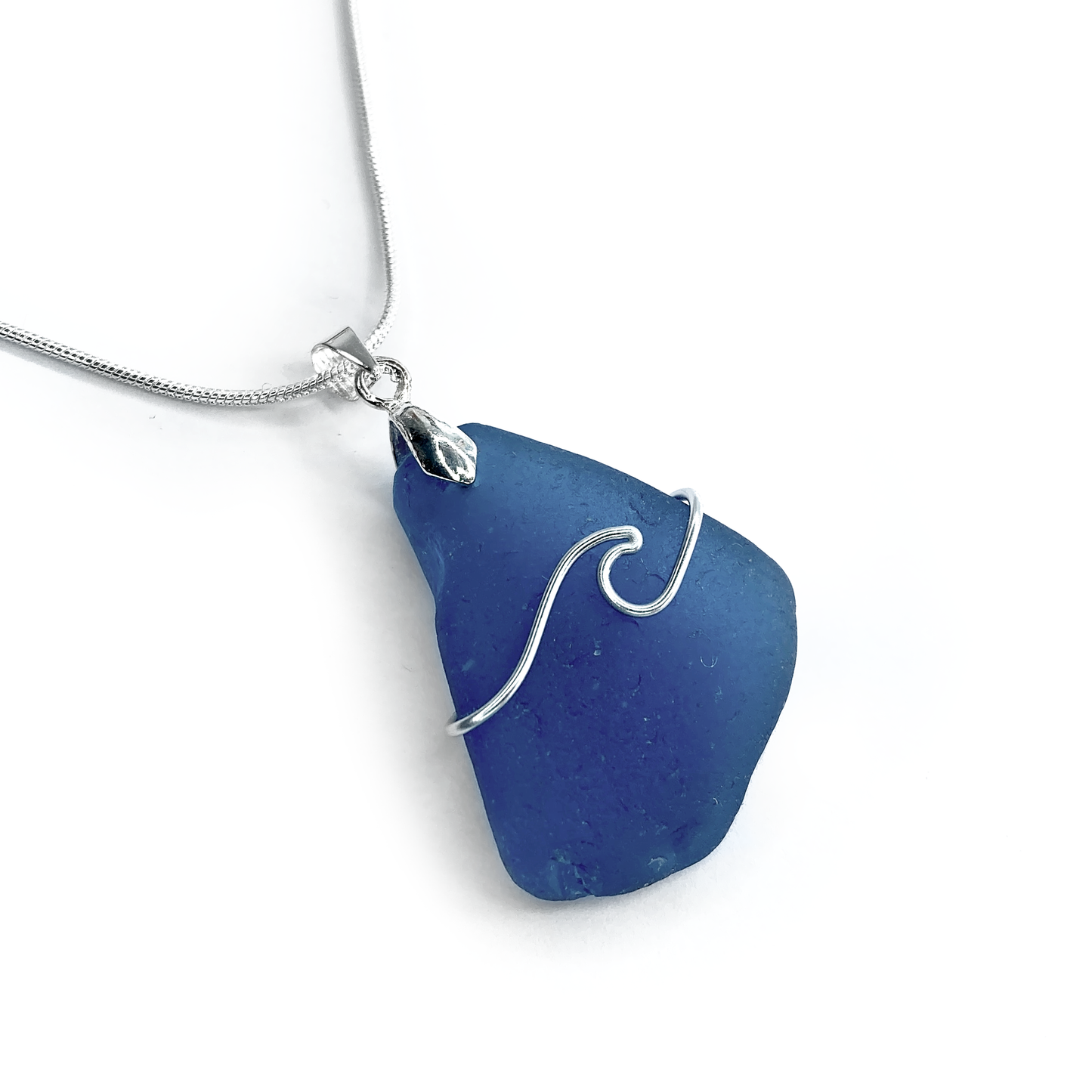 Sea Glass Necklace - Pale Blue Wave Wire Wrapped Pendant - Scottish Silver Jewellery