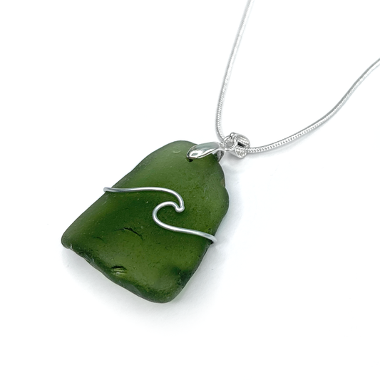 Sea Glass Necklace - Olive Green Wave Wire Wrapped Pendant - Scottish Silver Jewellery