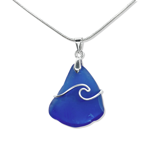 Sea Glass Necklace - Rare Blue Wave Wire Wrapped Pendant - Scottish Silver Jewellery