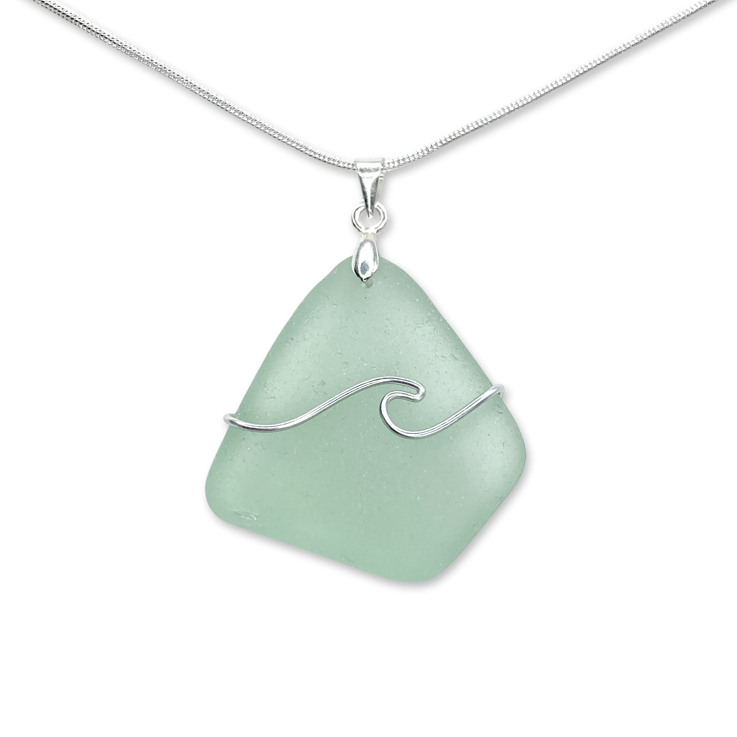 Sea Glass Necklace - Aqua Green Wave Wire Wrapped Pendant - Scottish Silver Jewellery