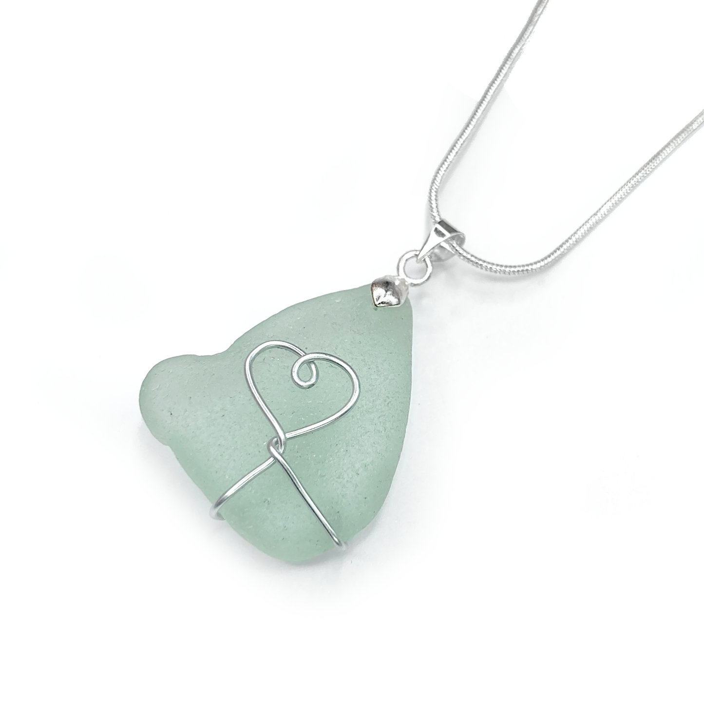 Sea Glass Necklace - Aqua Green Heart Wire Wrapped Pendant - Scottish Silver Jewellery