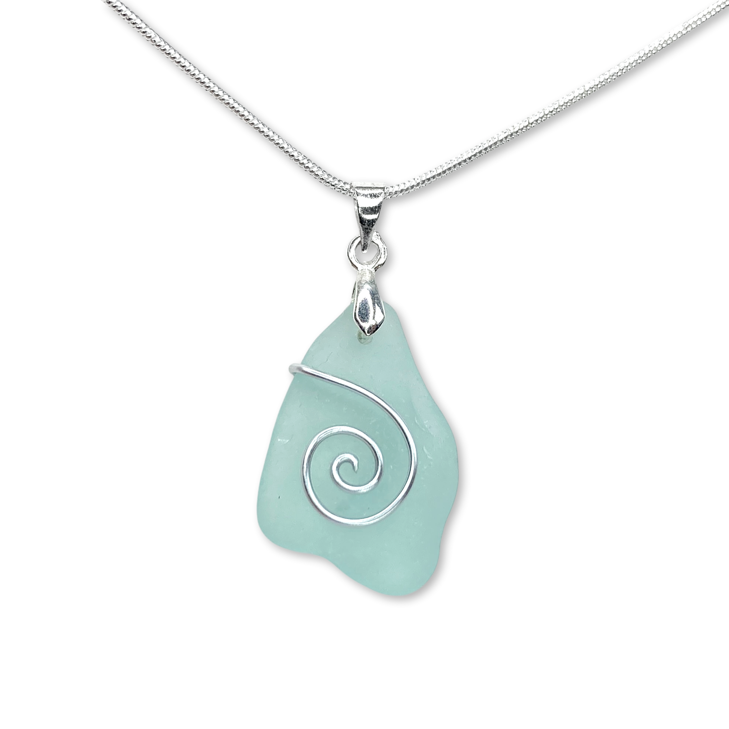 Sea Glass Necklace - Aqua Blue Celtic Wire Wrapped Pendant - Scottish Silver Jewellery