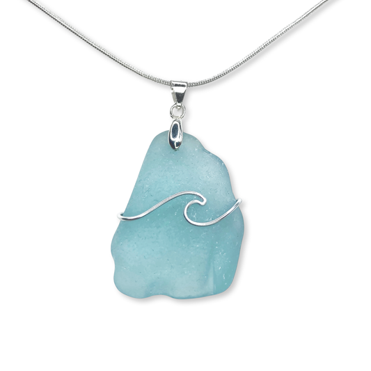 Sea Glass Necklace - Pale Turquoise Blue Wave Wire Wrapped Pendant - Scottish Silver Jewellery