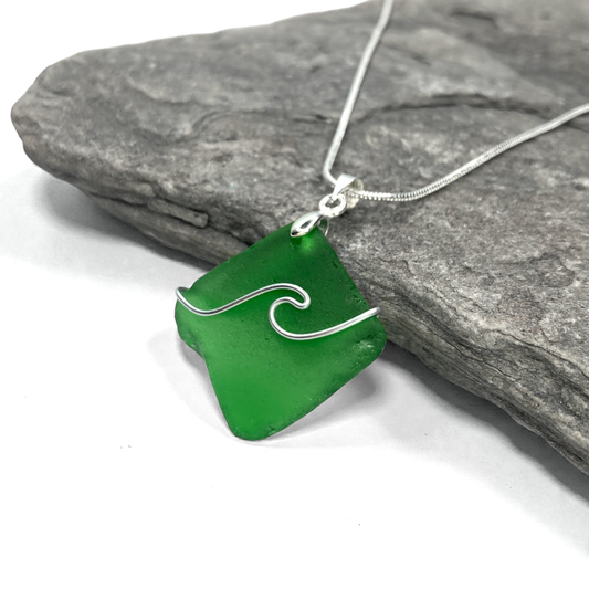 Sea Glass Necklace - Green Wave Pendant - Scottish Jewellery