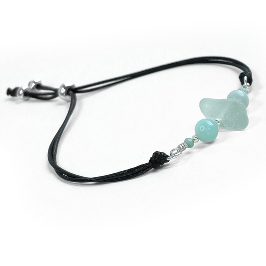 Sea Glass Bracelet - Aqua Green - Black Cord and Amazonite Crystal