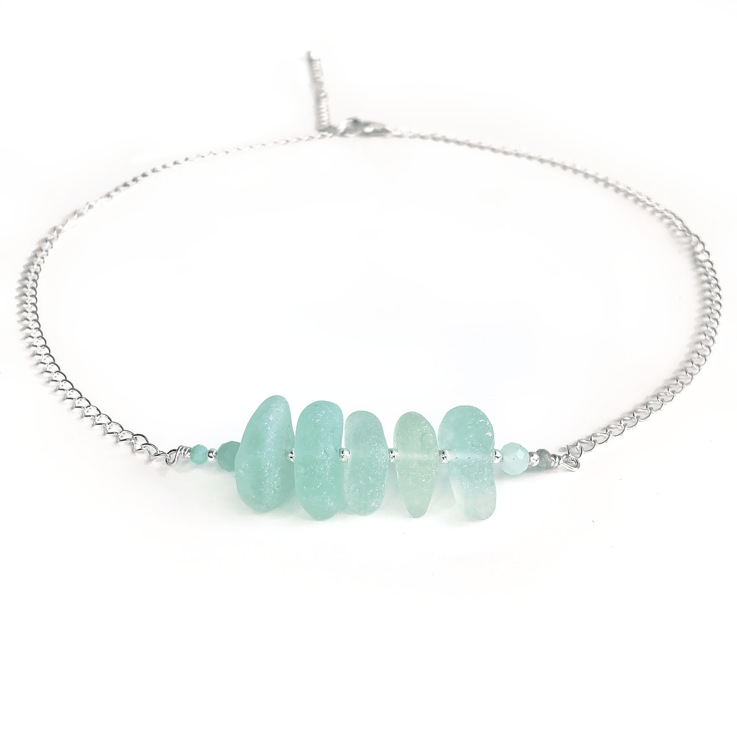 Aqua Green Sea Glass Necklace with Amazonite Crystal Beads - Sterling Silver Scottish Jewellery - East Neuk Beach Crafts