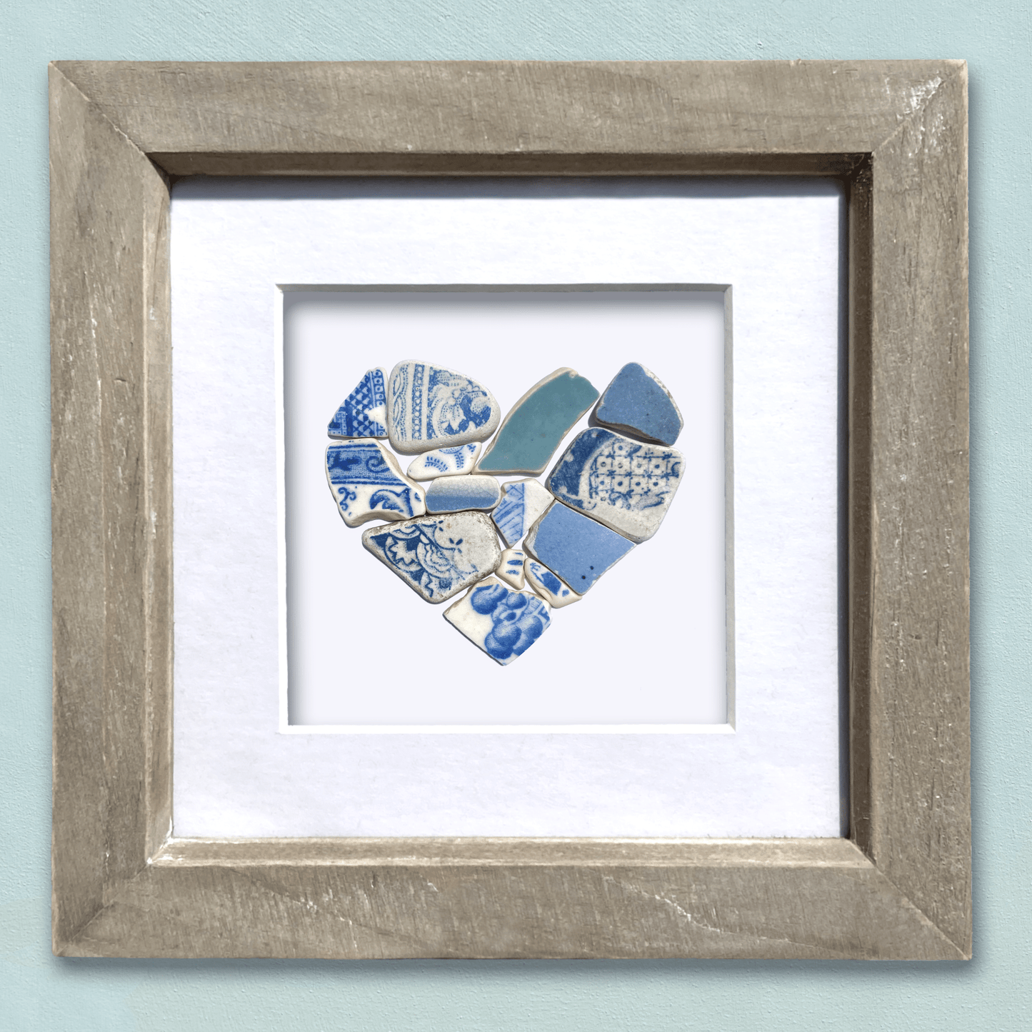 Framed Beach Pottery Heart - Sky Blue Original Antique China Coastal Wall Art - East Neuk Beach Crafts