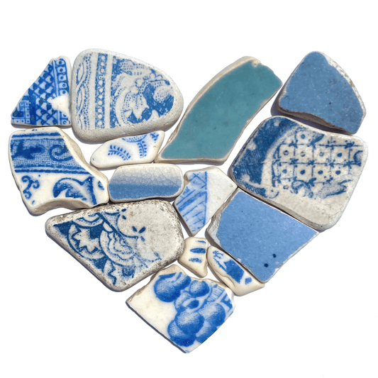 Framed Beach Pottery Heart - Sky Blue Original Antique China Coastal Wall Art - East Neuk Beach Crafts
