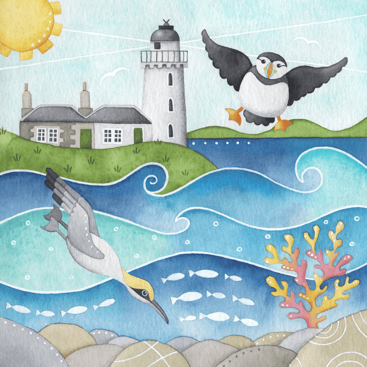 Gannet and Puffin Mug - Isle of May - Seaside Watercolours