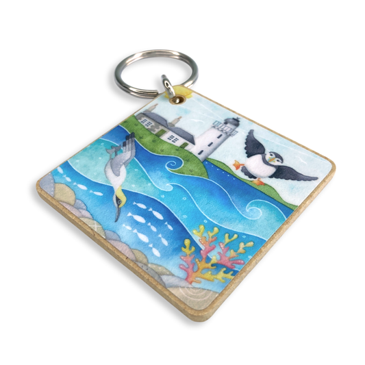 Keyring - Puffin and Diving Gannet - Wooden Key Fob