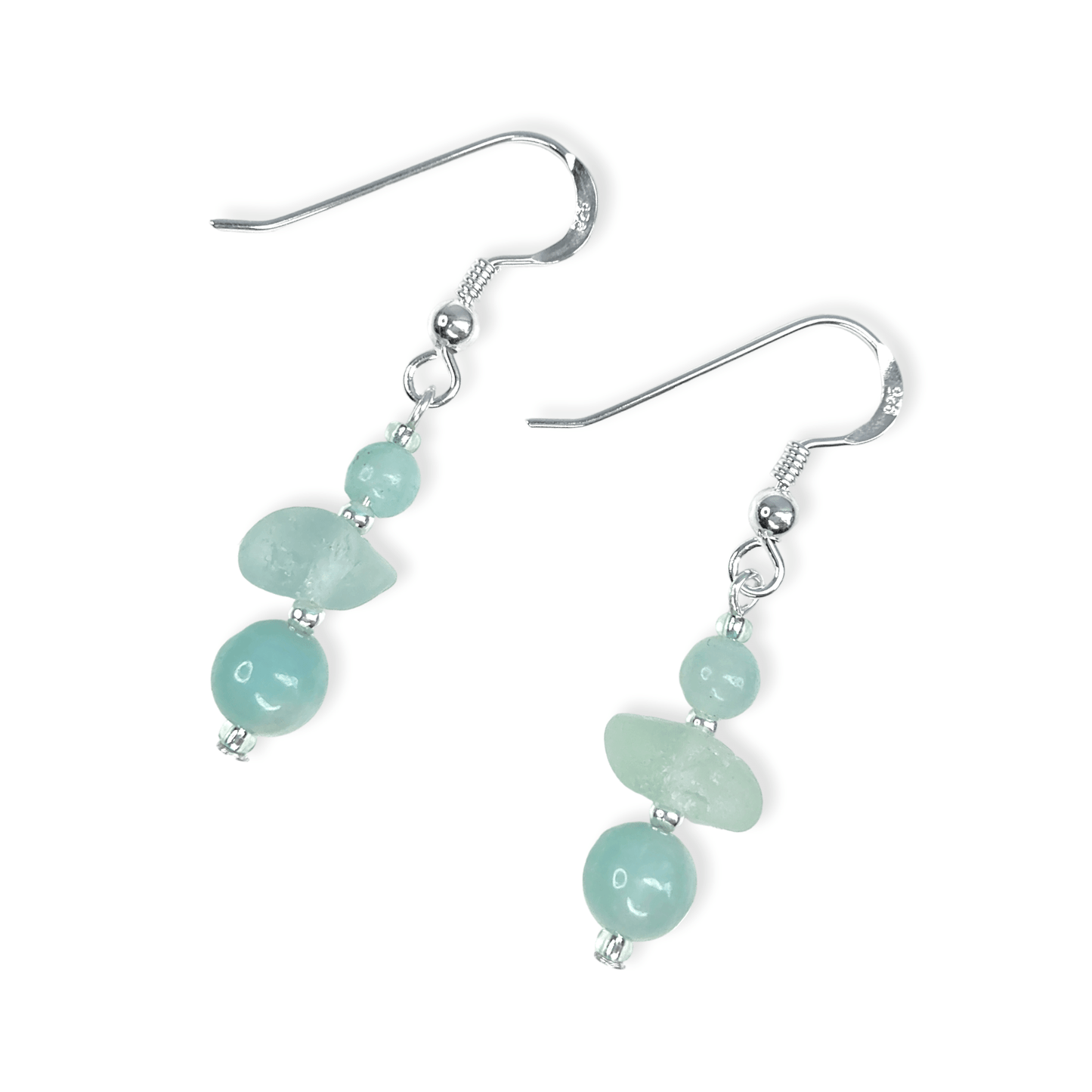 Green Sea Glass Earrings - Sterling Silver Beaded Earrings with Amazonite Crystal - East Neuk Beach Crafts