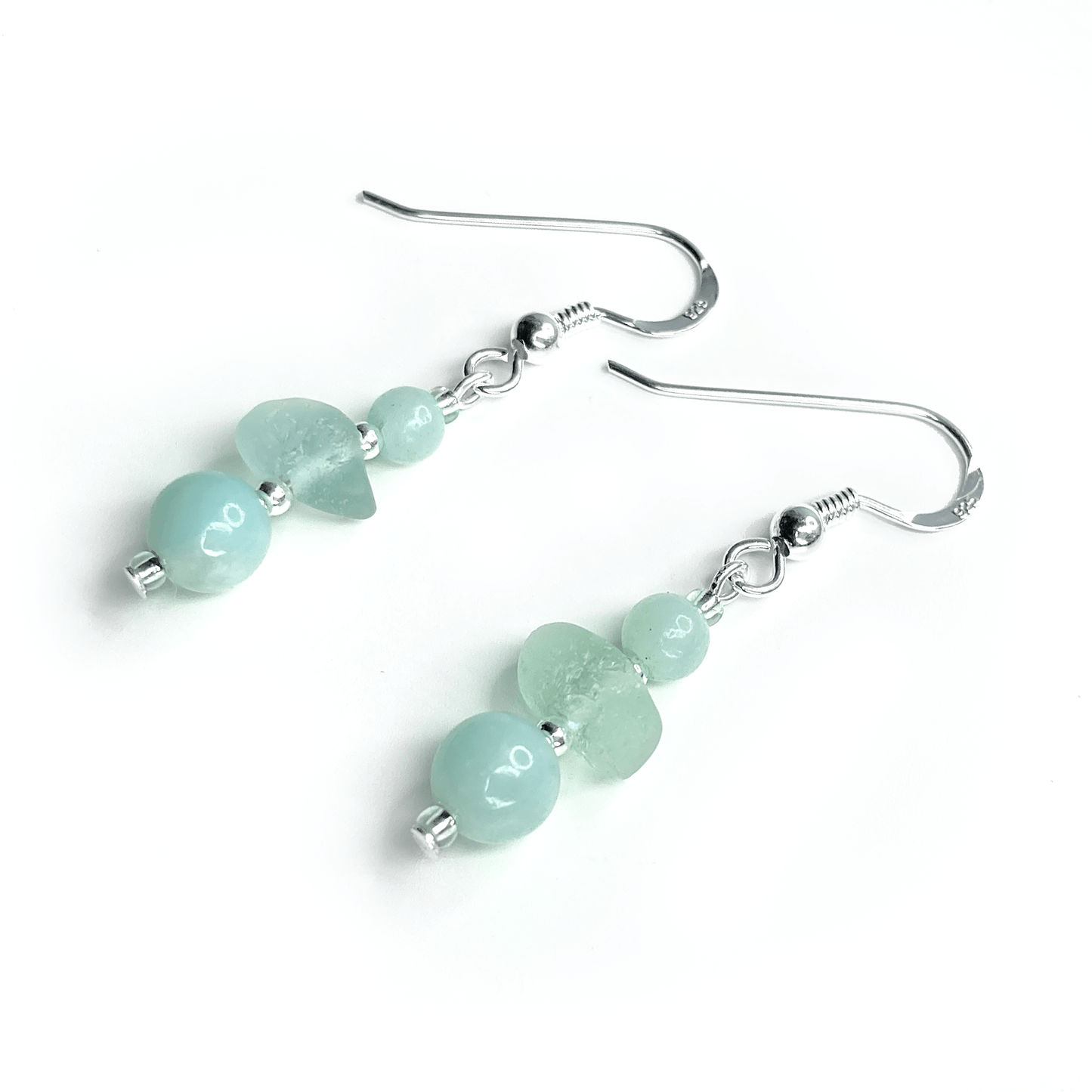 Green Sea Glass Earrings - Sterling Silver Beaded Earrings with Amazonite Crystal - East Neuk Beach Crafts