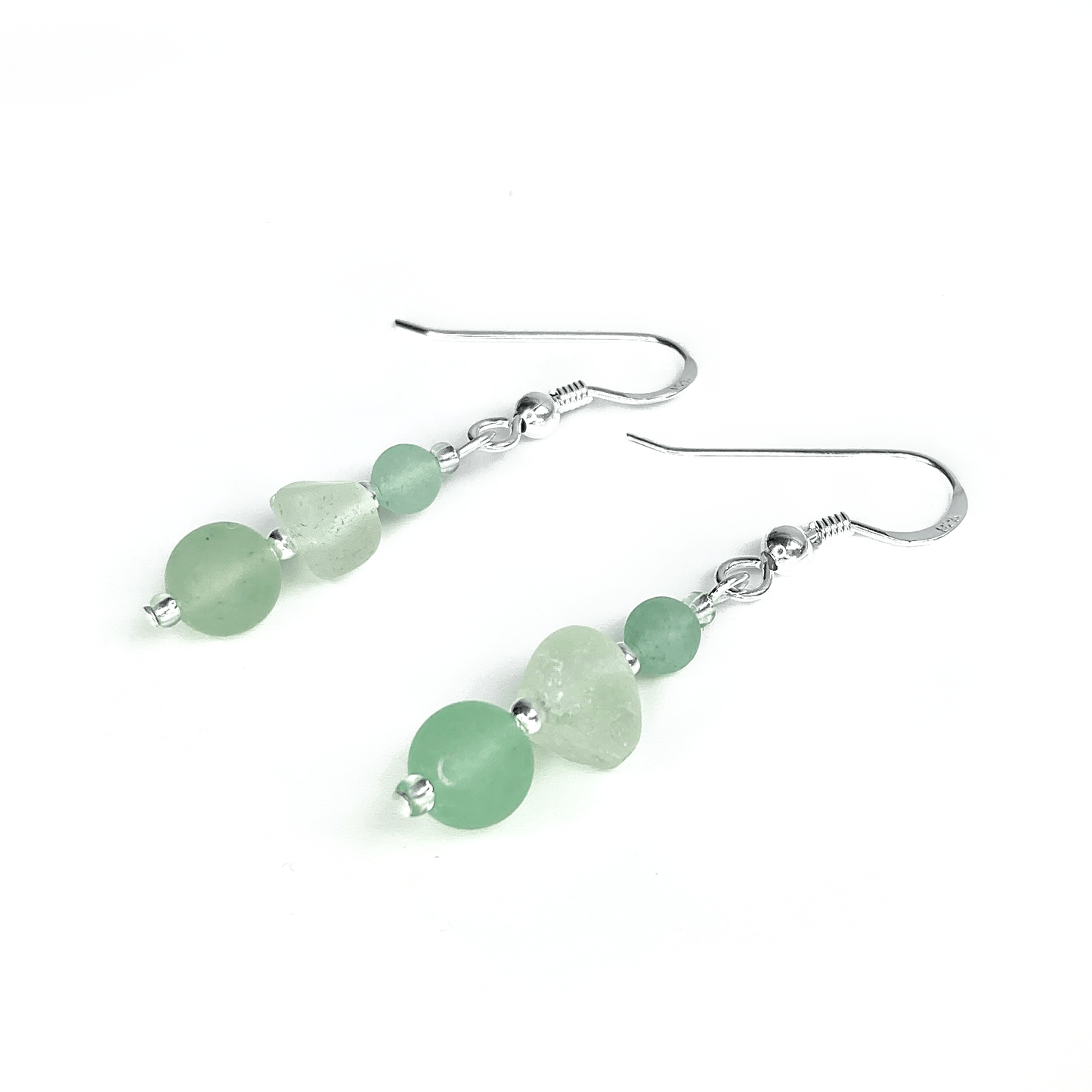 Green Sea Glass Earrings - Sterling Silver Beaded Earrings with Aventurine Crystal - East Neuk Beach Crafts