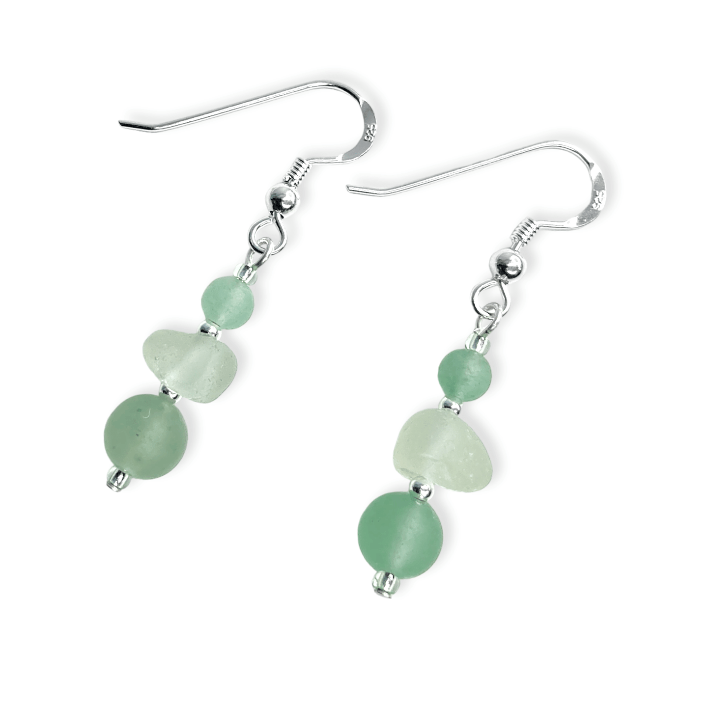Green Sea Glass Earrings - Sterling Silver Beaded Earrings with Aventurine Crystal - East Neuk Beach Crafts