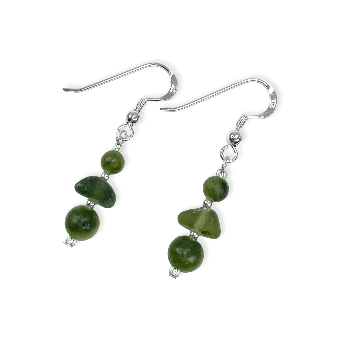 Green Sea Glass Earrings - Sterling Silver Beaded Earrings with Jade Crystal - East Neuk Beach Crafts