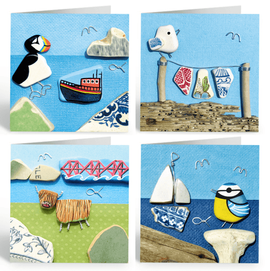 Greetings Cards (Pack of 4) Pebble Art - Puffin, Seagull, Highland Cow & Blue Tit - East Neuk Beach Crafts