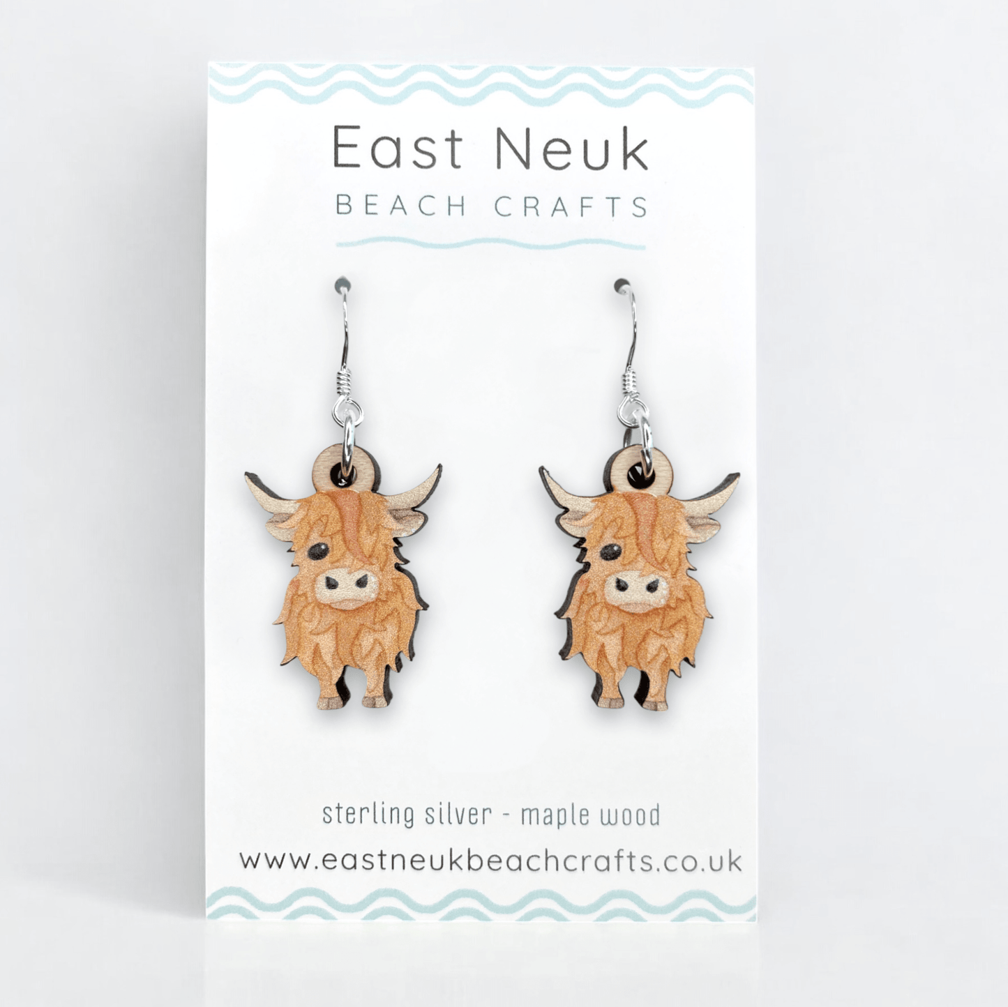 Highland Cow Earrings - Sterling Silver and Maple Wood - East Neuk Beach Crafts