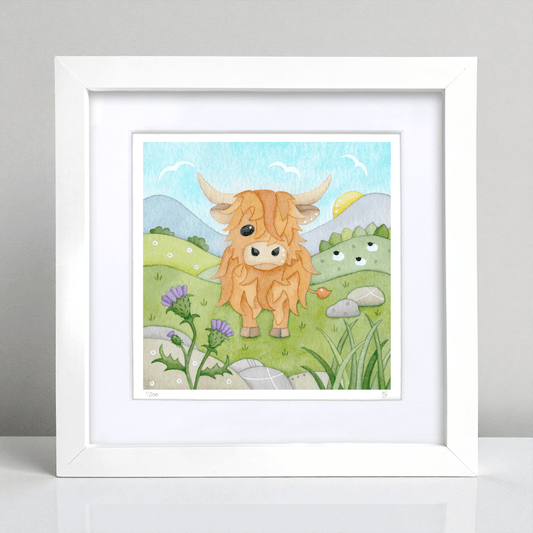 Highland Cow Framed Print - Scottish Highlands Watercolour - East Neuk Beach Crafts