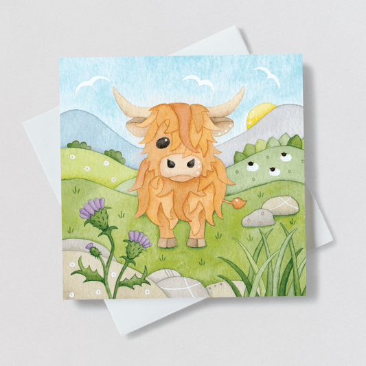 Highland Cow Greetings Card - Scottish Highlands Watercolour - East Neuk Beach Crafts