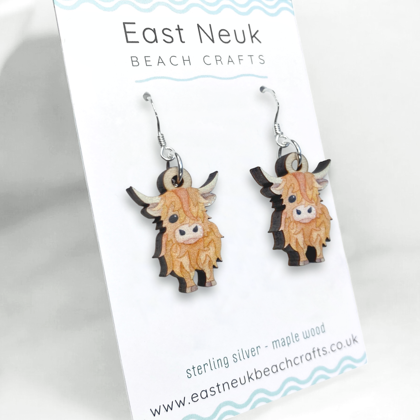 Wooden Earrings - Highland Cow - Sterling Silver and Maple Wood
