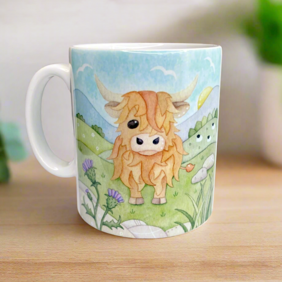 Highland Cow Mug - Scottish Highlands with Thistle - Watercolour Painting