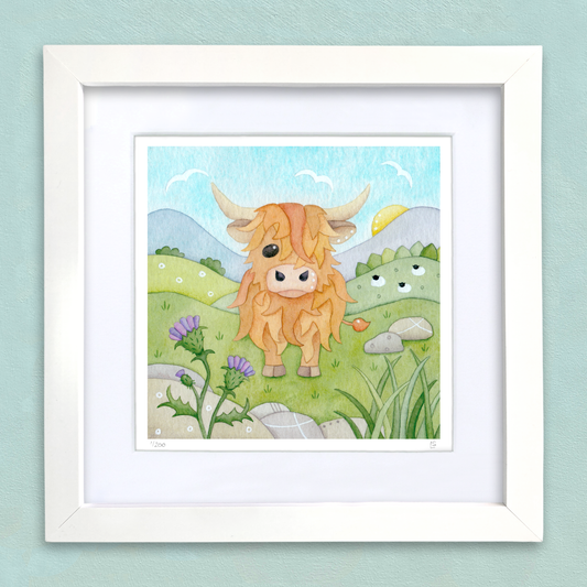 Framed Print - Highland Cow and Thistle - Scottish Highlands Watercolour Painting