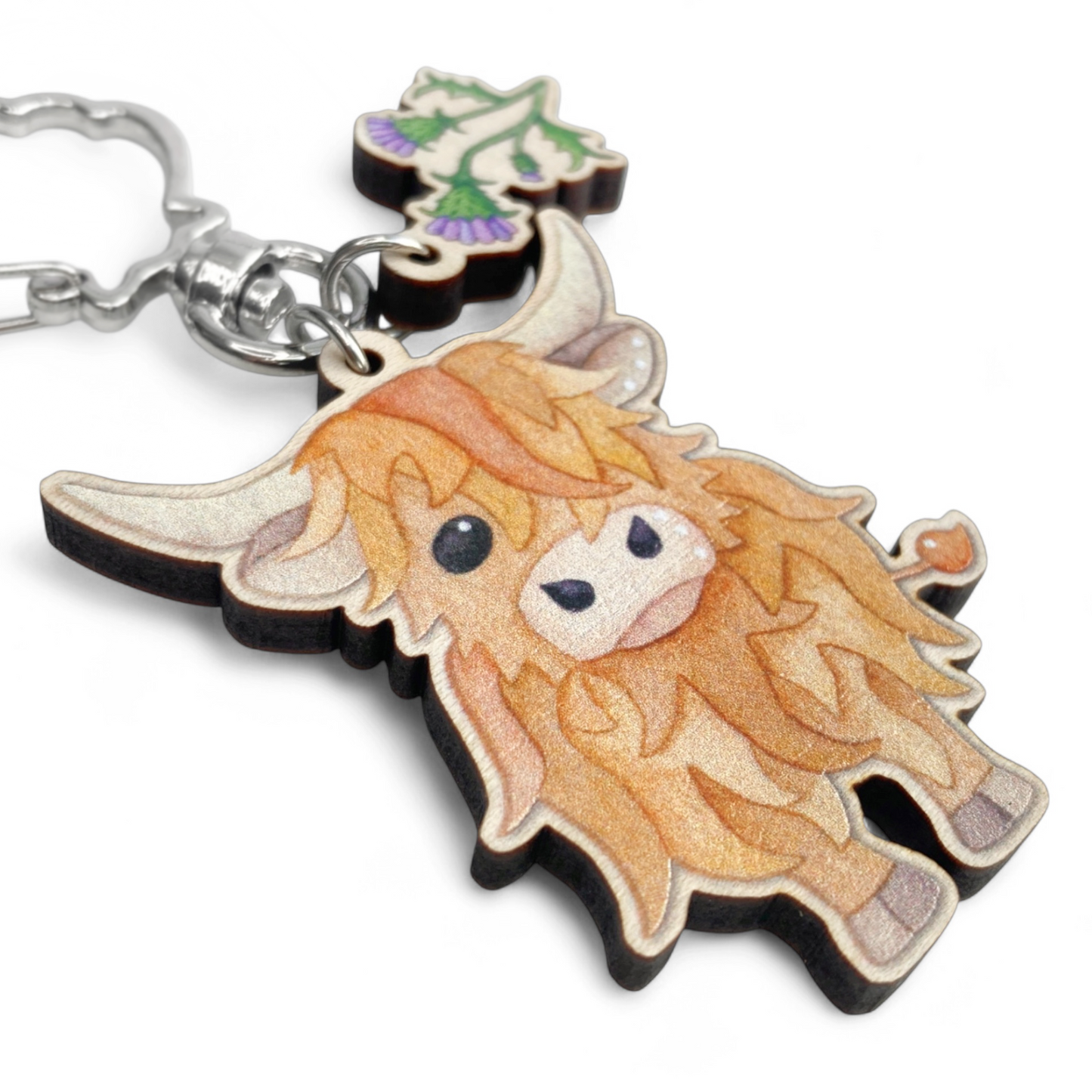 Wooden Keyring - Highland Cow & Thistle - Maple Wood Key Chain with Shell Clasp