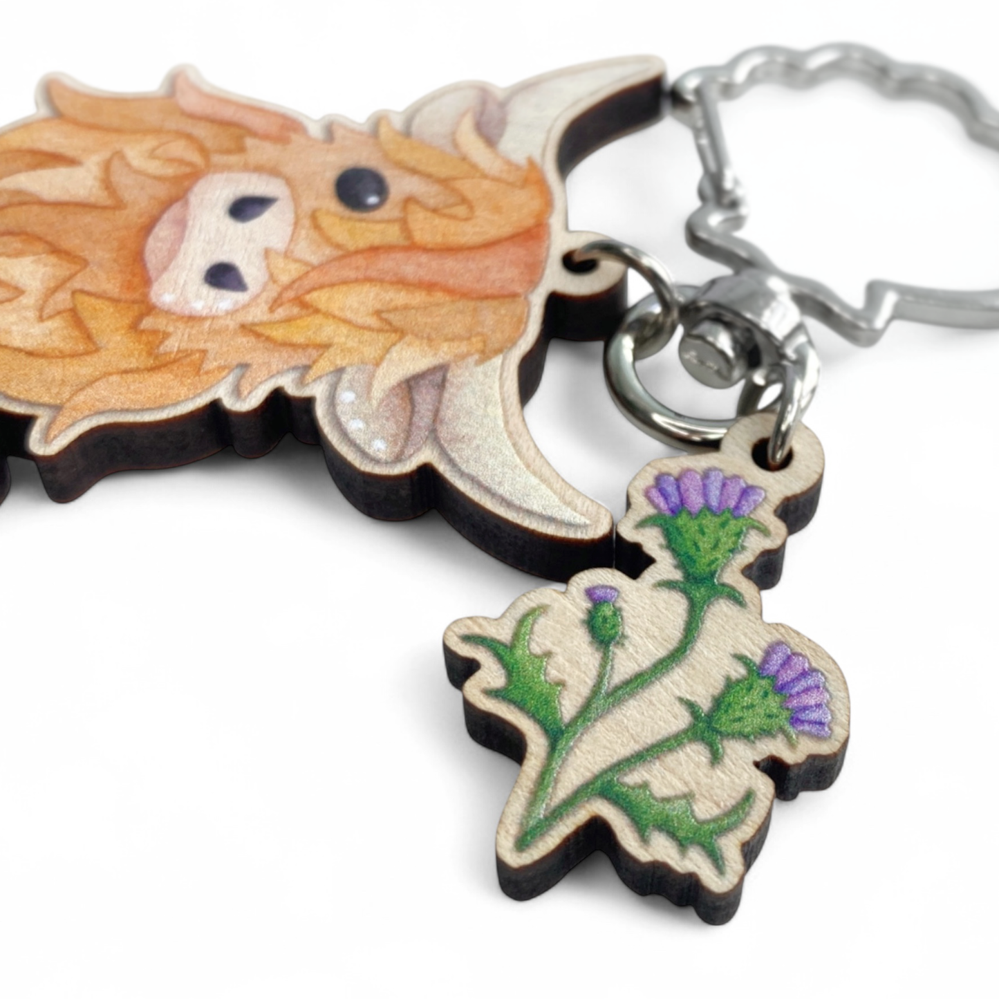 Wooden Keyring - Highland Cow & Thistle - Maple Wood Key Chain with Shell Clasp