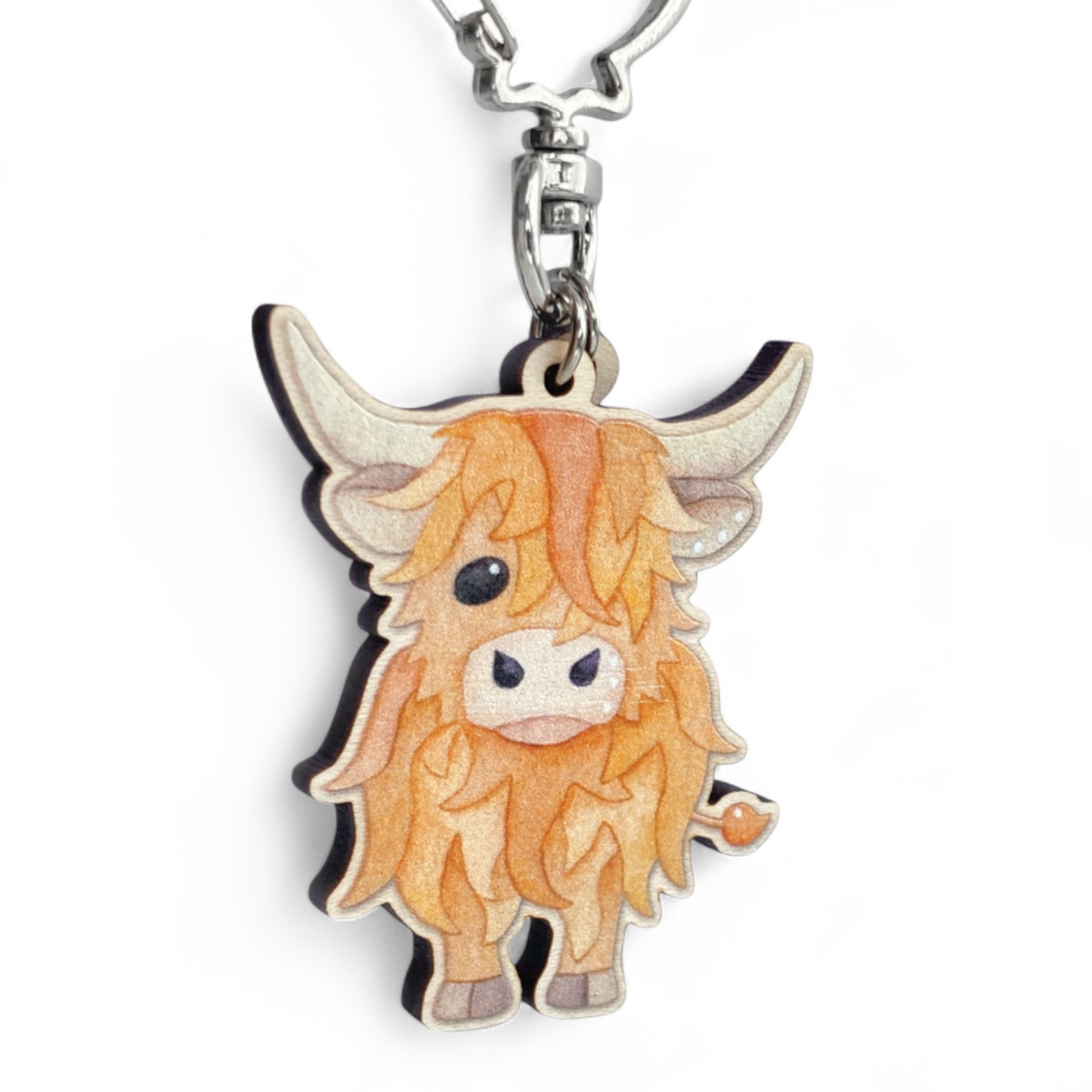 Wooden Keyring - Highland Cow & Thistle - Maple Wood Key Chain with Shell Clasp