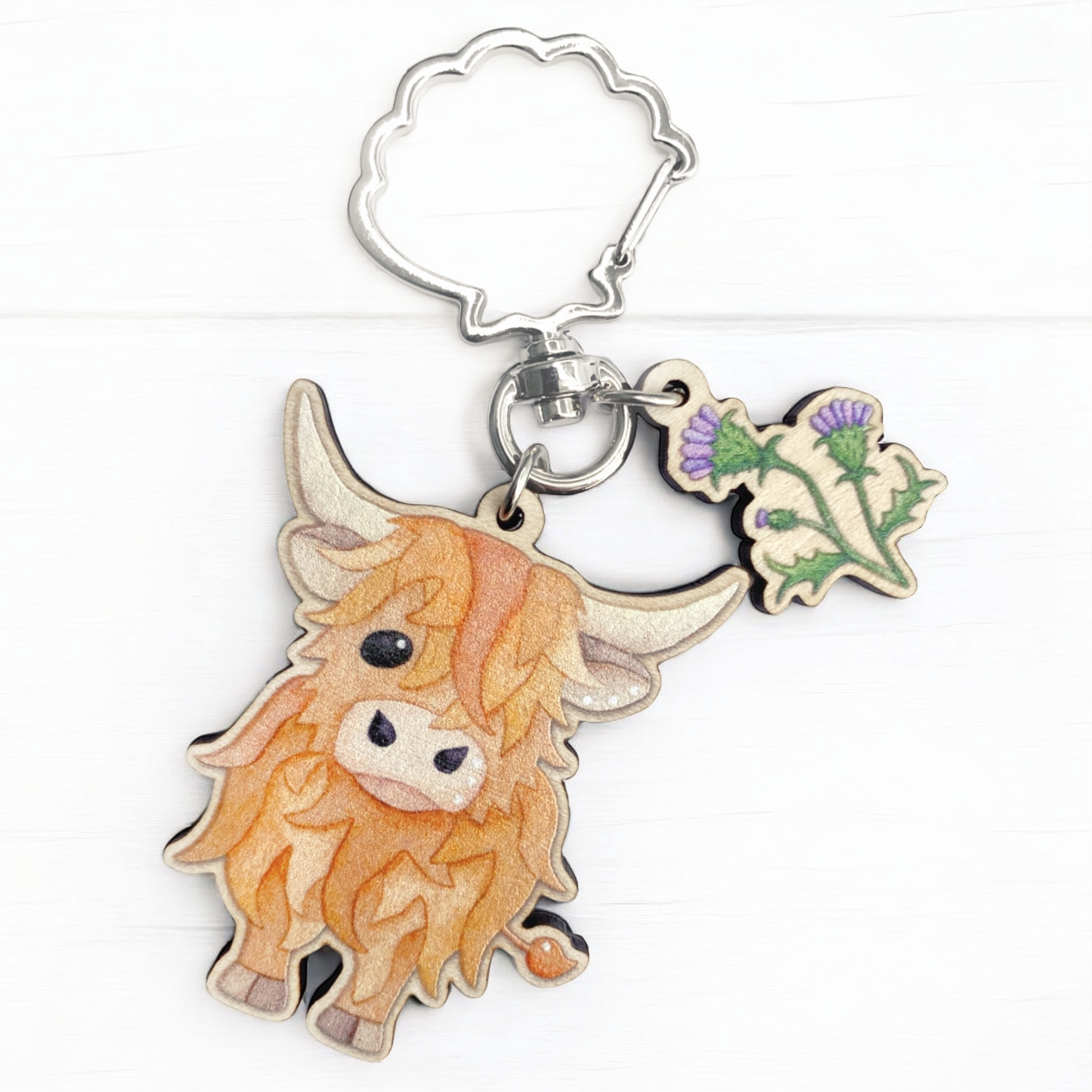 Wooden Keyring - Highland Cow & Thistle - Maple Wood Key Chain with Shell Clasp