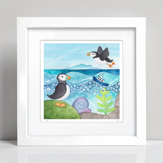 Puffin Framed Print - Isle of May - Seaside Watercolour