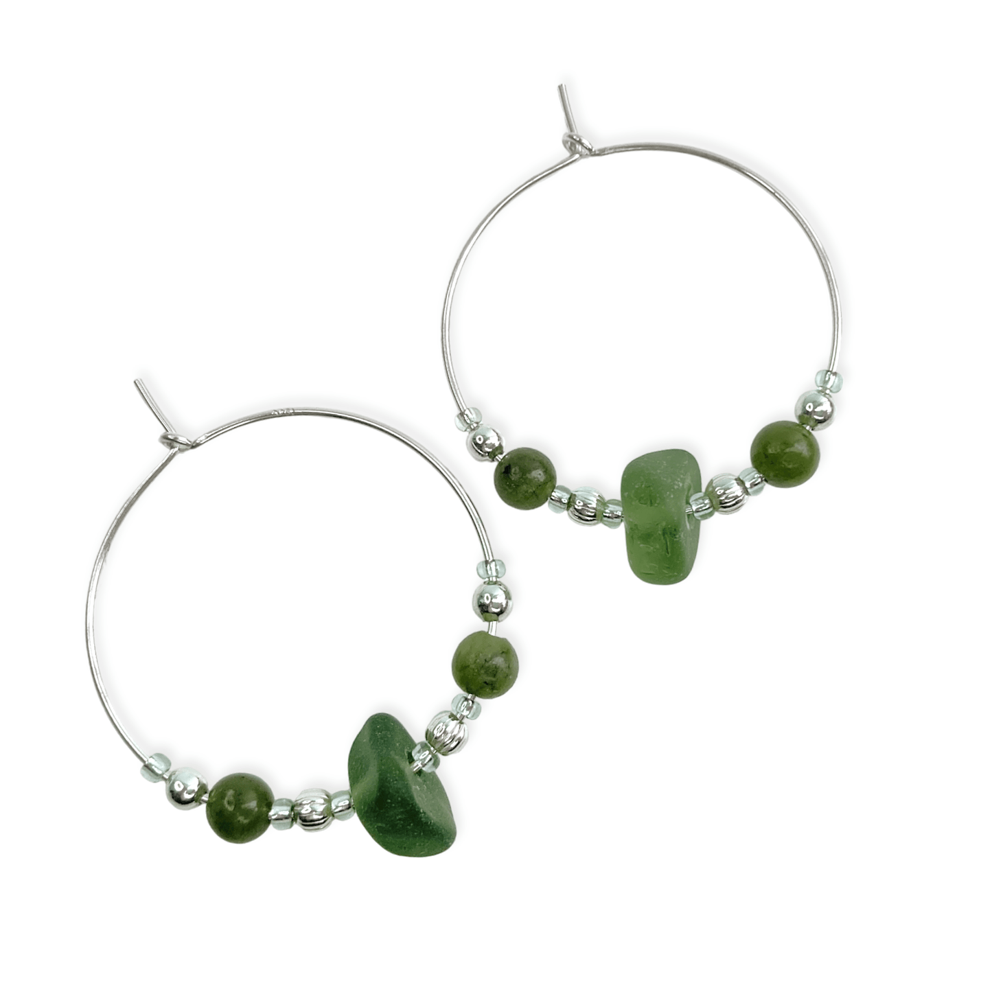 Large Sea Glass Hoop Earrings - Sterling Silver with Green Jade Crystal Beads - East Neuk Beach Crafts