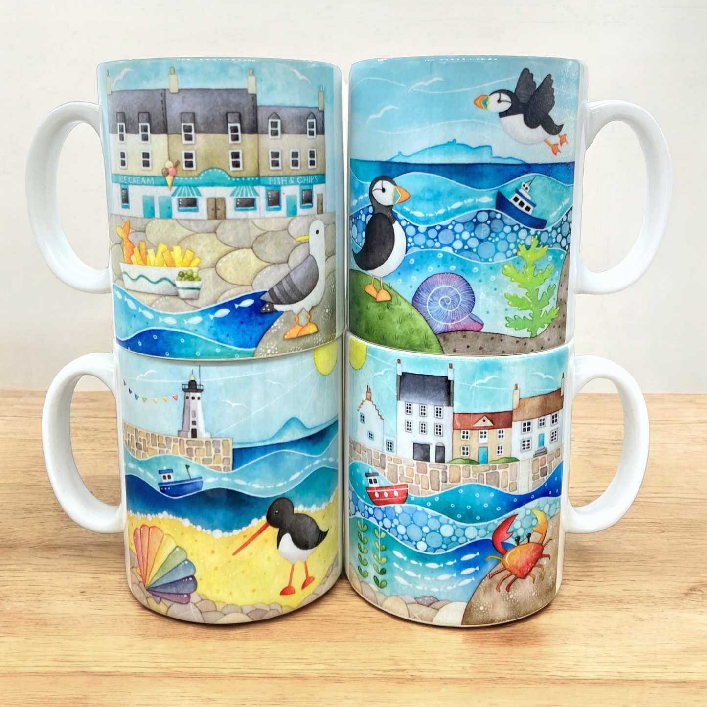 Set of Seaside Mugs x4 - Puffin, Seagull, Crail, Oystercatcher - East Neuk of Fife - Save £4