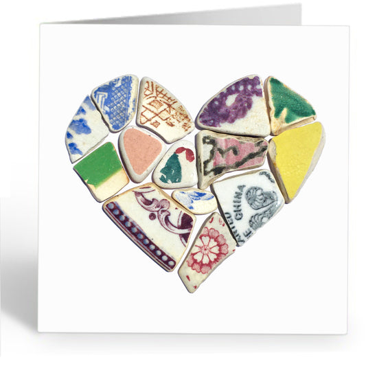Beach Hearts Greetings Cards x4 - Sea Glass and Pottery