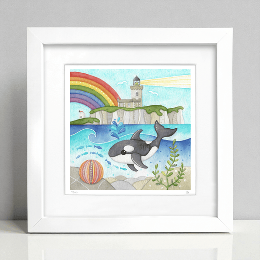 Orca Whale Framed Print - Isle of May Lighthouse - Seaside Watercolour - East Neuk Beach Crafts