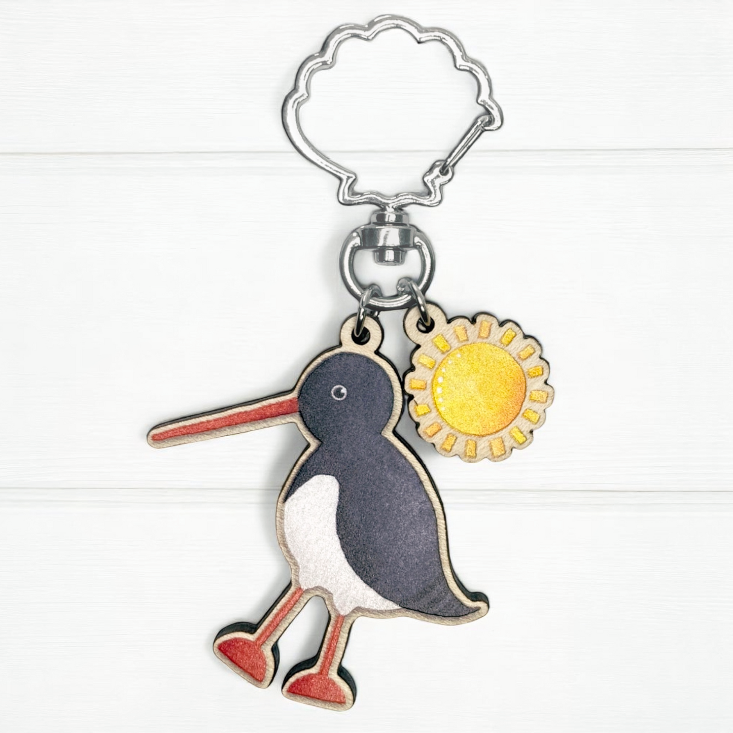 Wooden Keyring - Oystercatcher and Sun - Maple Wood Key Chain with Shell Clasp