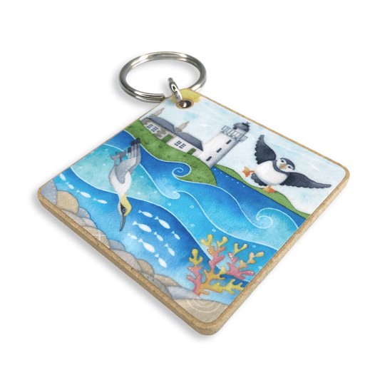 Puffin and Diving Gannet Keyring - Square Wooden Key Chain - East Neuk Beach Crafts