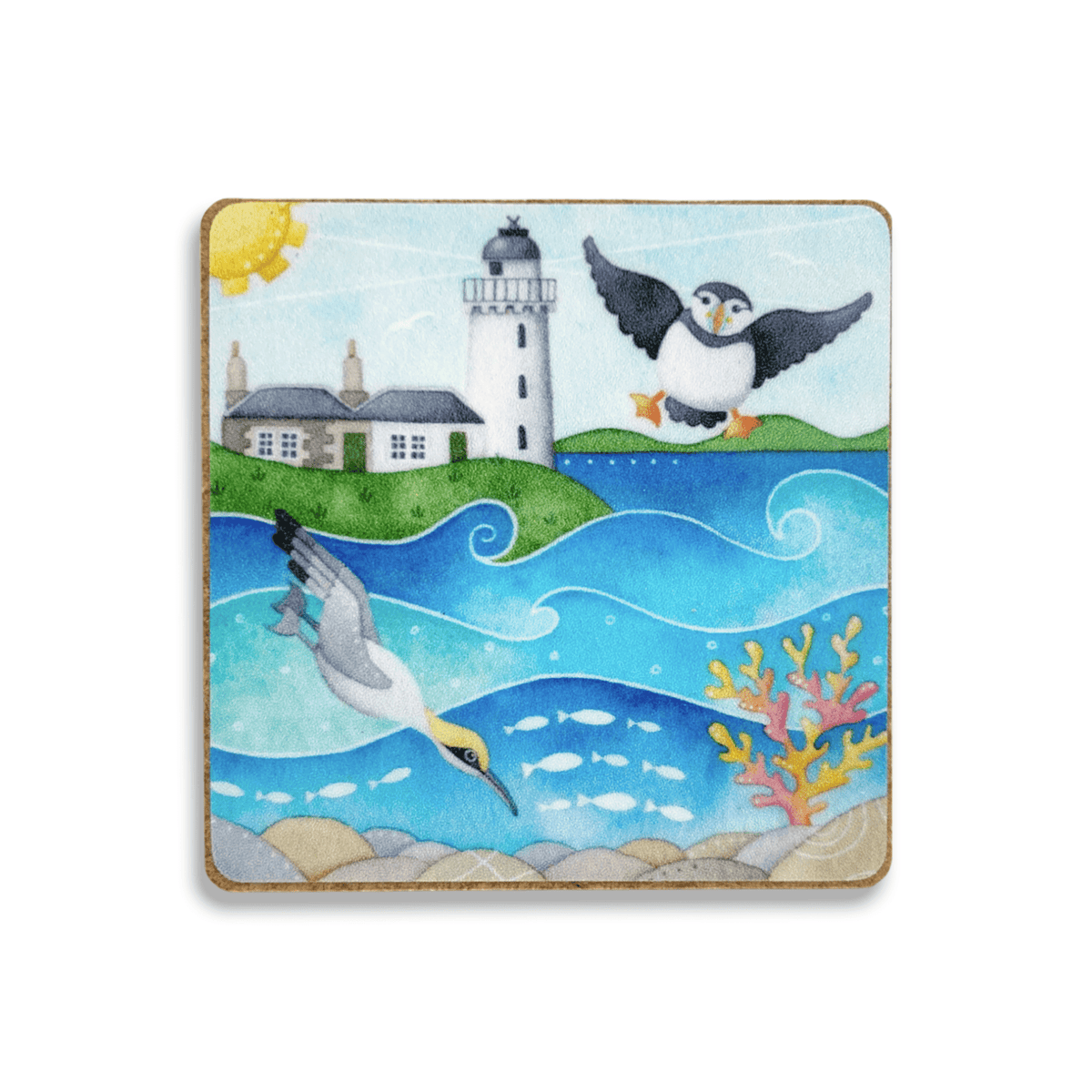 Puffin and Gannet Fridge Magnet - Square Wood