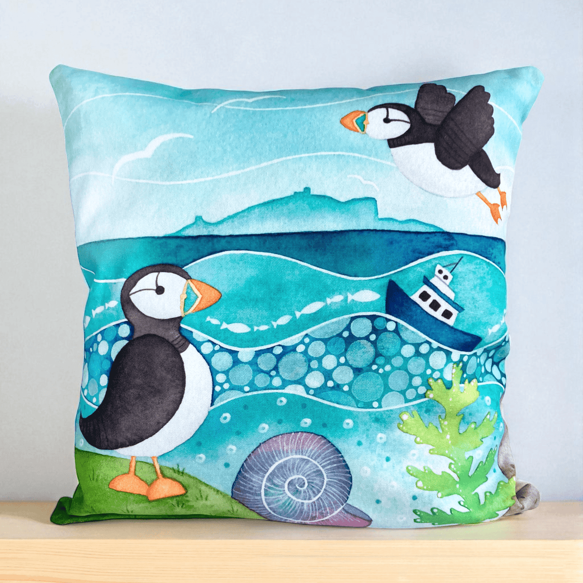 Cushion Cover - Puffins and the Isle of May - Seaside Watercolours - East Neuk Beach Crafts