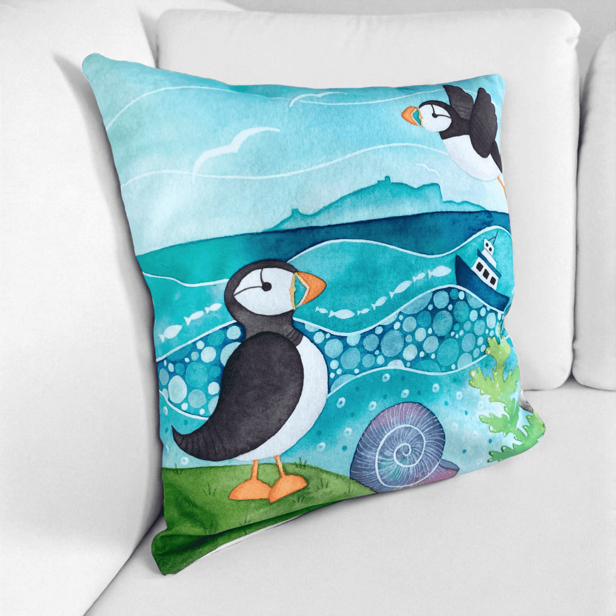 Cushion Cover - Puffins and the Isle of May - Seaside Watercolours - East Neuk Beach Crafts